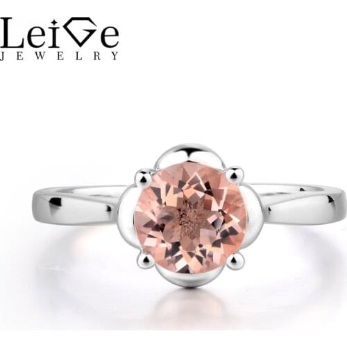 Leige Jewelry Pink Natural Morganite Engagement Rings Round Shape Prong Setting Romantic Gifts For Girls Genuine Fine Jewelry