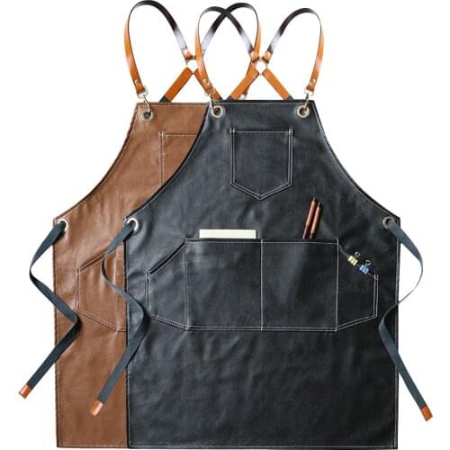 PU Leather Waterproof Women Men Apron For Kitchen Accessories Cafe Shop House Cleaning Bib Cooking Baking Pocket Coffee Pinafore