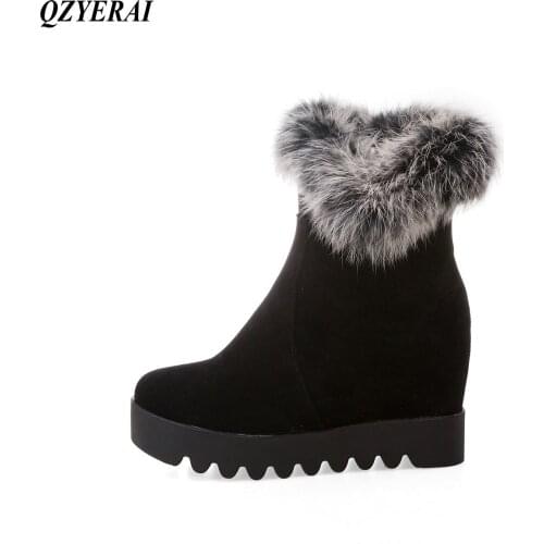 QZYERAI Winter rabbit hair thick soles womens boots inner height zippers womens shoes fashion womens boots
