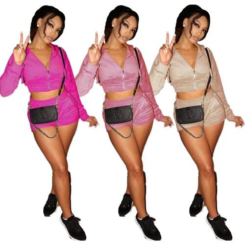 Solid Color Tracksuit Women Two Piece Outfits Matching Sets Zipper Long Sleeve Coats Top Female Biker Shorts Streetwear