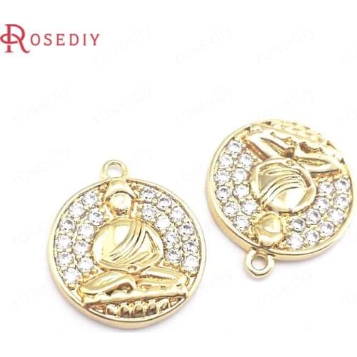 40349)4PCS 14x16MM 24K Gold Color Brass and Zircon Round Buddha Statue Charms Pendants Jewelry Making Supplies Diy Accessories