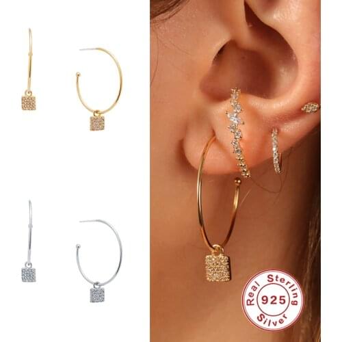 Aide 100% 925 Sterling Silver Gold C Shape Hoop Earring With Zircon Lock Pendant Dangle Charms For Women Crystal Luxury Jewelry