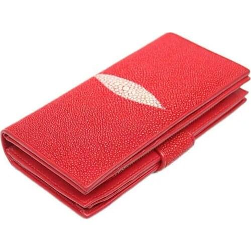 Authentic Real Stingray Skin Womens Long Red Wallet Lady Card Holders Genuine Exotic Leather Female Large Phone Clutch Purse