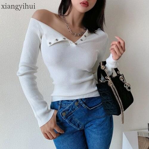 Long Sleeve Basic Knitted T-shirt Women Autumn Sexy Skew Collar Button Up White Tops Laides Clothings 2020 Fashion Korean Style