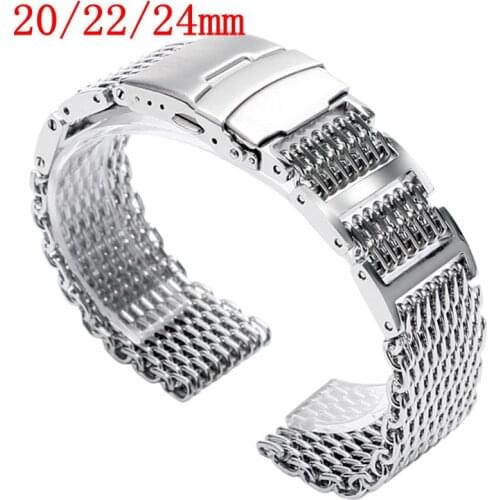 20/22/24mm Solid Link Silver Stainless Steel Bracelet Shark Mesh Folding Clasp with Safety Men Watch Band Strap HQ Push Button