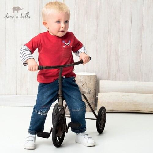 DBW17146 dave bella spring baby boys casual cartoon striped T-shirt children tops boy kids fashion tees