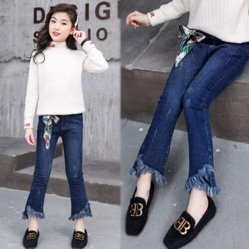 Children girls jeans pants 2020 autumn elastic waist boot cut trousers big kids casual leggings spring tassel pattern clothes