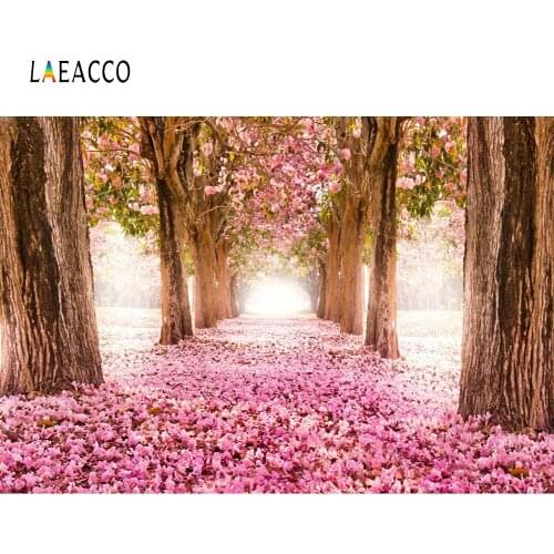 Laeacco Sweet Pink Flowers Tree Pathway Scenic Baby Photography Backgrounds Customized Photographic Backdrops For Photo Studio