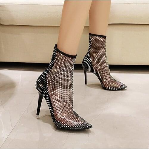 Hot Nightclub Womens Shoes Rhinestone Bling Summer Breathable Pointed Toe Super High Heels Modern Over-the-knee Boots