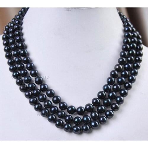 Pretty! 3 rows 8-9mm Akoya Cultured Black Pearl Necklace