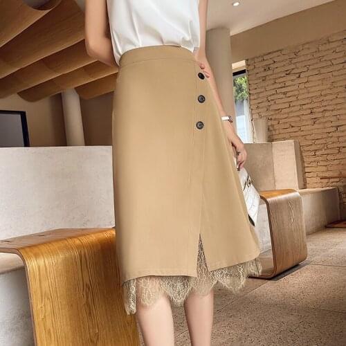 Summer Sexy Skirt Women High Waist solid Skirts Fashion Split Lace Splice Casual Skirts Women Clothes a-line Mid-length Skirt