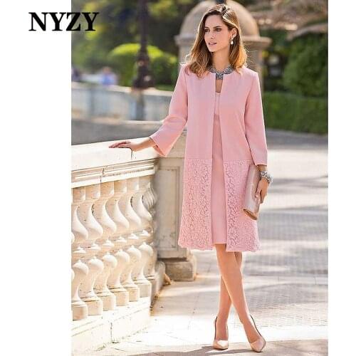M370 NYZY Satin 2 Piece Short Mother of the Bride Groom Dresses with Jacket Coat 2021 Wedding Party Dress Guest Wear