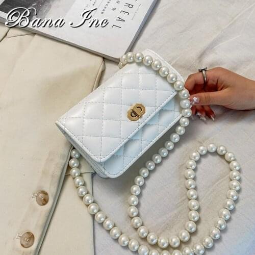 Fashion Pearl Shoulder Strap Flap Bags for Women Diamond Lattice PU Leather Mini Female Crossbody Bags Small Handbags and Purses