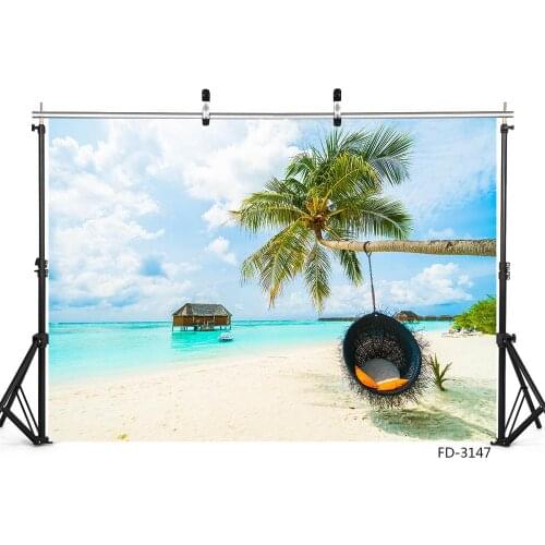 Sea Beach Coconut Tree Cabin Photo Backdrop Customized Backgrounds for Baby Children Wedding Party Photoshoot Photography Props