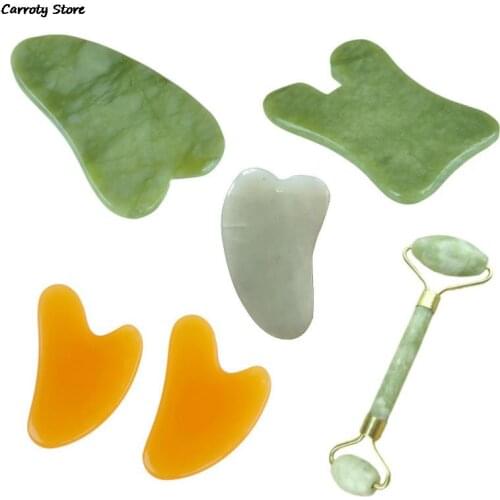 2 In 1 Green Roller And Gua Sha Tools Set By Natural Jade Scraper Massager With Stones For Face Neck Back And Jawline Hand Tools