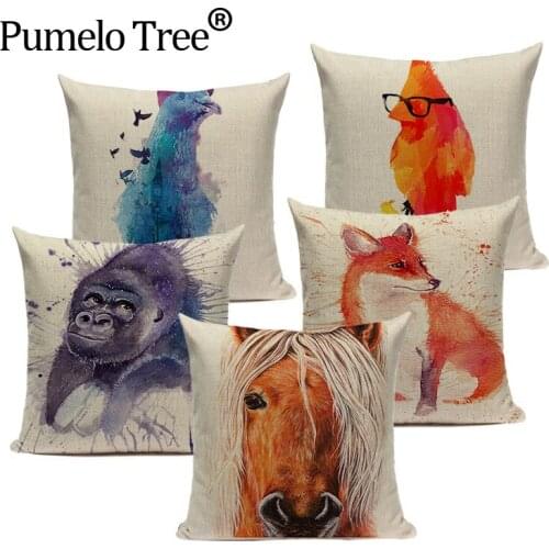 Pillow Cover Watercolour Fashion Woven linen Cartoon fox Orangutan horse Throw Pillow Square Sofas Printing custom Cushion Cas