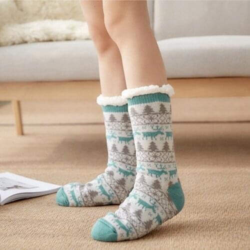 Women Winter Fluffy Plush Home Socks Christmas Velvet Slipper Socks Warm Cartoon Elk Pattern Non-Slip Carpet Socks