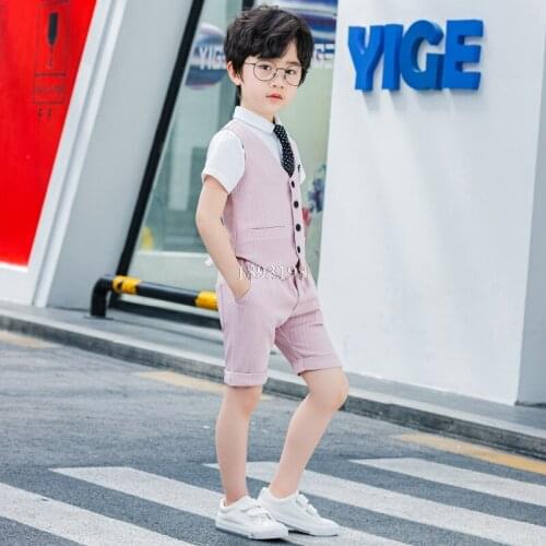Summer New Children Dress Vest Set Korean Solid Color Kids Vest Shorts Bowtie 3pcs Clothing Set Boys Performance Host Costume