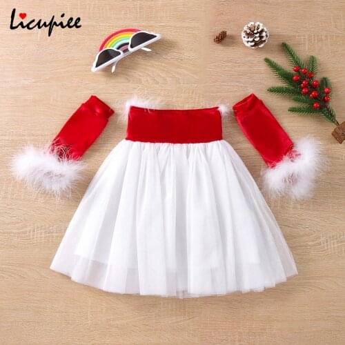 1-4 Years Baby Girl Christmas Dresses Baby Christmas Dress with Sleeves, Plush Decoration Holiday Mesh Stitching Spring Clothing