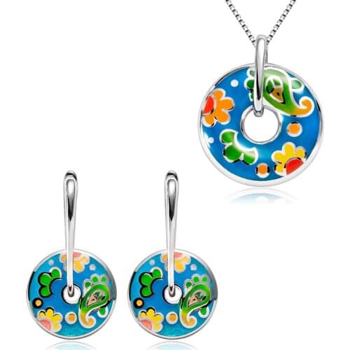 Original Authentic 925 Sterling Silver Fine Jewelry Sets Oil Painting Flamboyant Sunflower Pendant Necklace Earrings for women