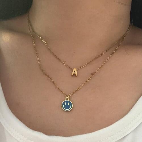 Cute Enamel Black White Smile Face ABC Round Pendants Charm Choker Simple Steel Double Chains Necklace for Women Collar Jewelry