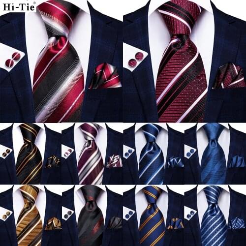 Hi-Tie Burgundy Red Striped Silk Wedding Tie For Men Fashion Design Gift Men Necktie Hanky Cufflink Business Party Dropshipping