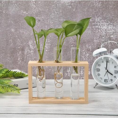 Transparent Glass Vase Wood Frame Iron Art Terrarium Bonsai Table Ornaments Wood Vase Planter Terrarium Table Desktop