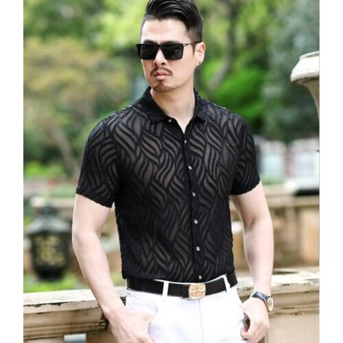Mens Short Sleeve Summer Sexy Party Transparent Shirt Black White See Through Shirt Slim Fit Thin Silk Shirt Soft Comfortable