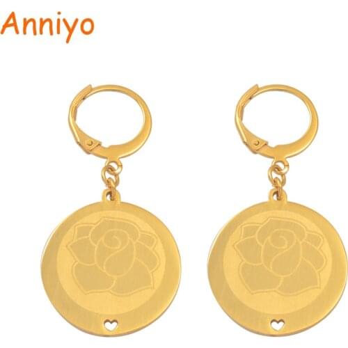 AnniyoFlower Rose Earrings for Women Girls Gold Color Stainless Steel Heart Jewelry Best Gifts #033921