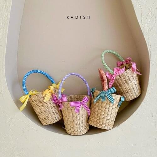 2021 RADISH Design Summer New Grid Ribbon Bowknot Straw Woven Bag Mini Bucket Cute Children Picnic Knitting Handbag