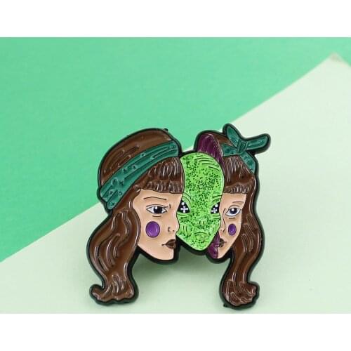 Green Aliens Long Hair Bow Hairband Beautiful Women Twins Mask Punk Halloween Jewelry Denim Badge Gift Enamel Pins For Friends