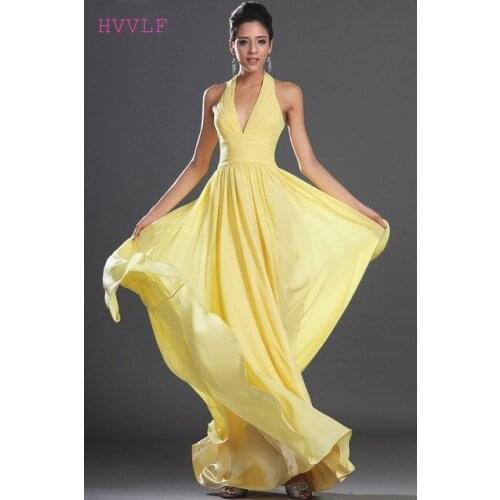 Yellow Evening Dresses A-line Halter Chiffon Floor Length Backless Plus Size Long Evening Gown Prom Dresses Robe De Soiree