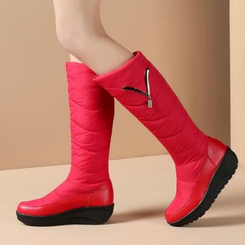 Black Red Blue Down fabric Women Knee High Boots Warm Winter Snow Boots Fashion Slip On Platform Shoes Comfort Flat With Shoes