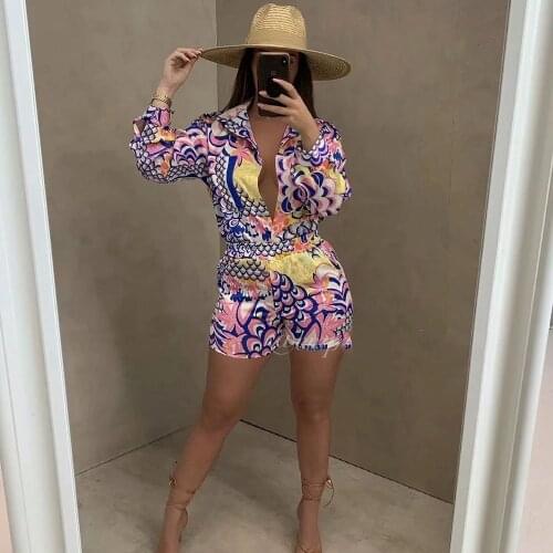 Women Print Woven Turn-down Collar Single Breasted Loose Shirt Female Elastic High Waist Shorts Ladies Streetwear Two Pieces Set