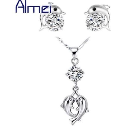 Almei Animal Necklace and Earring Set Women Silver Color Joias Double Dolphin Jewerly Sets with Crystal Accessories Gift TN299