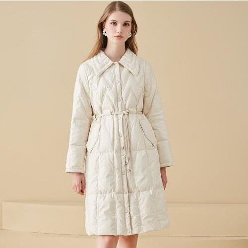 2021 New Winter Women Chic Style White Duck Down Coat Female Long Adjustable Waist Single Breasted Puffer Jacket Lady Outwear