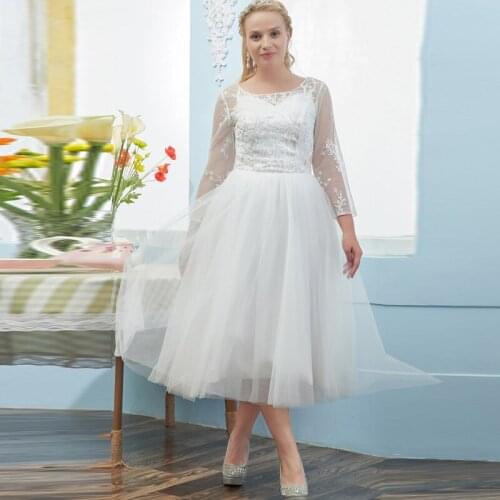 Square Collar Embroidery Full Sleeves Evening Dress Zipper Back Pleat Tulle Tea-Length A-Line Plus Size Women Formal Gowns D1059