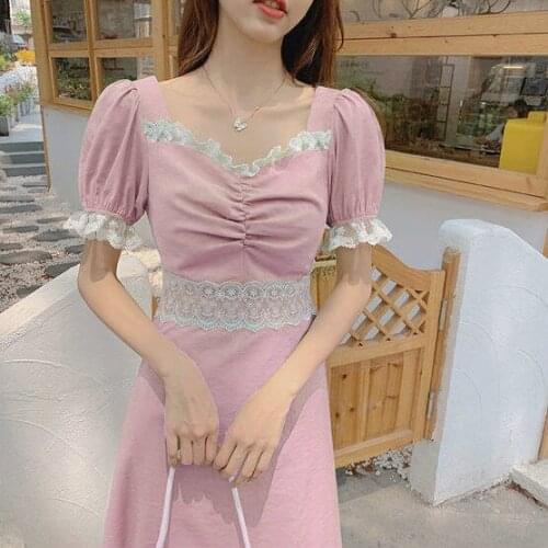 Bella 2021 Summer Lace Edge Puff Sleeve Party Dress Casual Square Collar Side Split Midi Dress Elegant Folds Slim Woman Dress