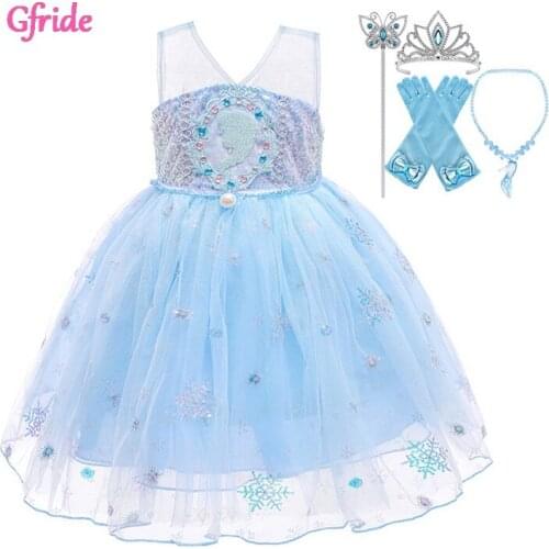 2021 Summer Blue Princess Girl Snow Queen Party Dress Headband Sleeveless Kids Birthday Party Gown Piano Performance Clothing