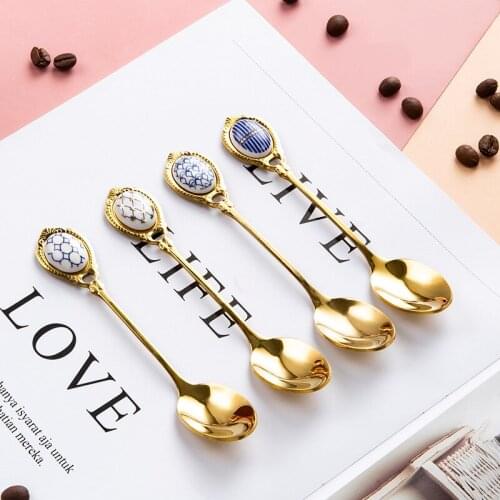 5pc ceramic handle pattern stainless steel coffee teaspoon ice, cream cake spoon, kitchen spoon tableware