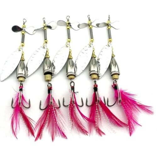 5pcs Metal Fishing Lures Red Feather Hook Spoon Lure 9.8cm 9.5g Hard Bait Metal Spinnerbait Pesca Wobblers Fishing Tackles