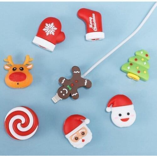 50pcs Cute Bite Christmas Series Series Cable-Winder USB Data Line Protector Cord Cover Silicone Decorate Smartphone Accessories