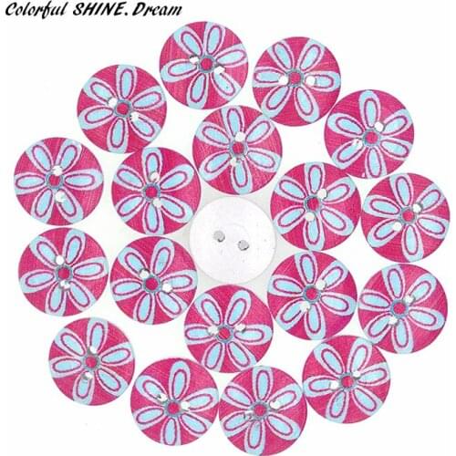 50PCs Wholesale Natural Wooden Buttons Round Pink Flower Design Scrapbooking Sewing Accessories DIY Craft 2 Holes 15mm Dia