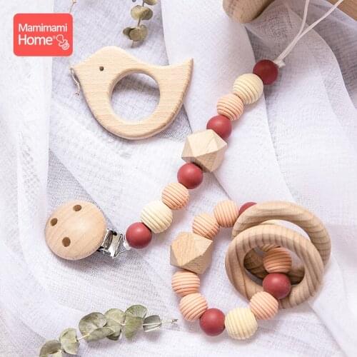 Mamihome 3Pc/Set wooden silicone teether pacifier chain Food Grade perle Silicone beads baby Rattle toy beech wooden rodent toys