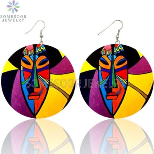 SOMESOOR African Ethnic Black Queen Wooden Drop Earrings Both Sides Printed Bohemian Afro Loops Dangle Jewelry For Women Gifts