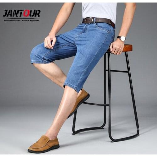 Jantour Summer MenS Thin Slim-Fit Denim Shorts Business Casual Fashion All-Match Stretch Loose Cropped Jeans Short Male 38 40