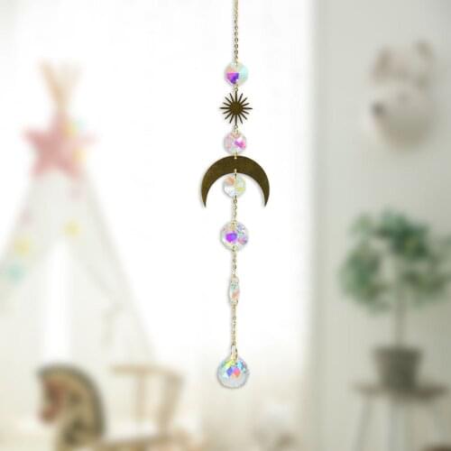 Crystal Wind Chime Pendant Metallic Hoop Moon Sun Hanging Drop for Outdoor Indoor Garden Window Wedding Curtain Chandelier
