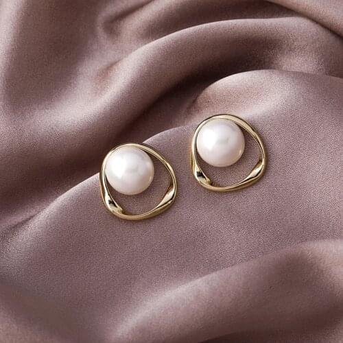 Minar Korean Fashion Oversize Simulated Pearl Earrings for Women Hollow Gold Color Metal Geometric Drop Earrings Bridal Jewelry