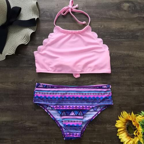 6-14 Years Girl Swimsuit Kids Two Piece Childrens Swimwear Halter Top Teenage Girl Bikini Set Crop Top Big GIrls Bathing Suit