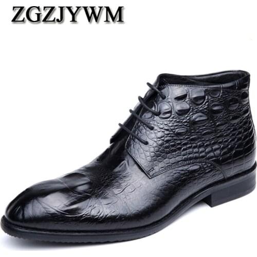 ZGZJYWM Fashion Handmade Pointed Toe Crocodile Design Lace-Up Flats Genuine Leather Oxfords Business Formal Ankle Boots